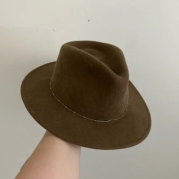 Van Palma by Anthropologie Wool Felt Gold Beaded Brown Fedora Hat Womens - Picture 3 of 6